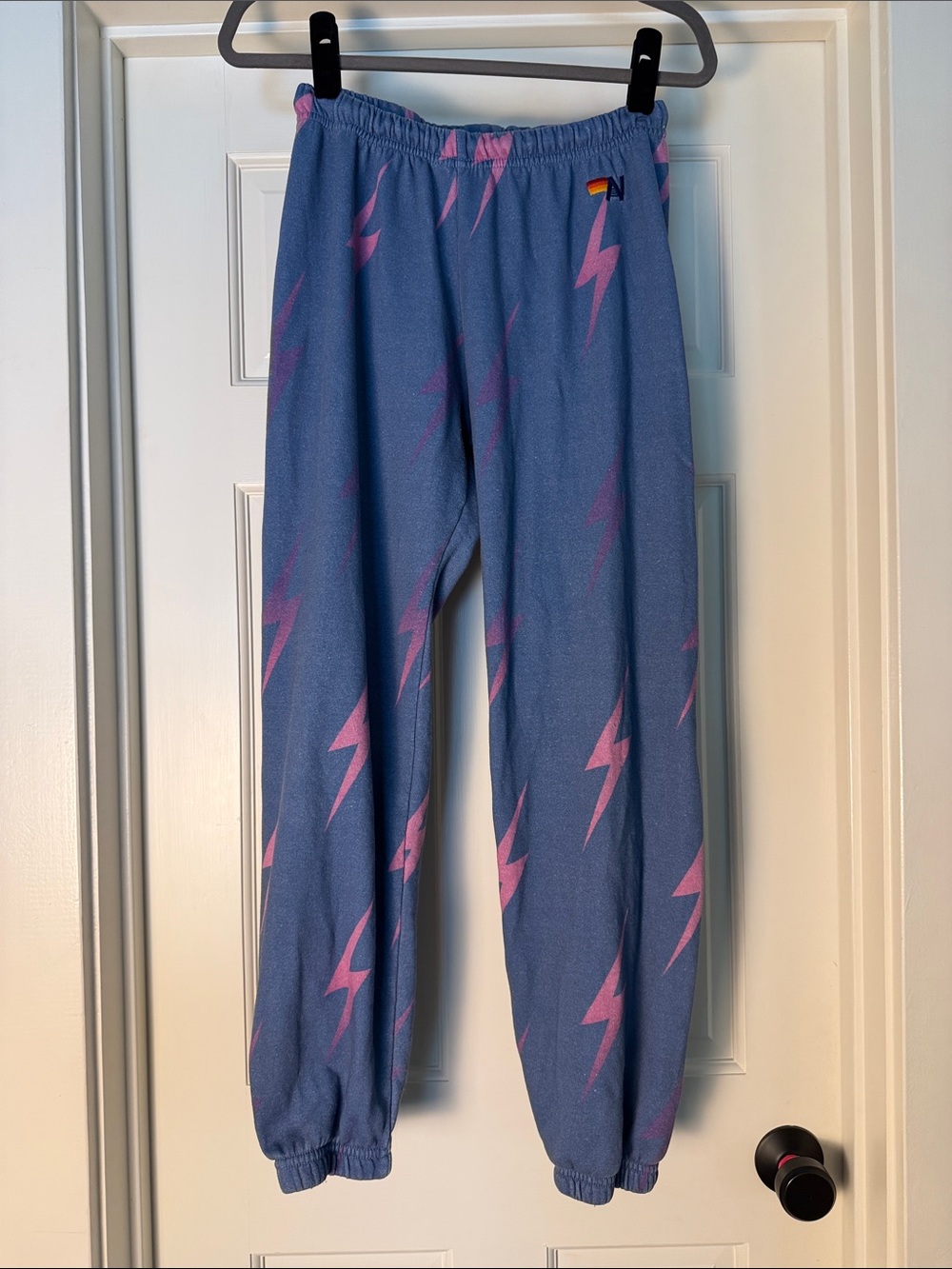 Aviator Nation Faded Blue Sweatpants with Pink and Purple Lightning Bolts
